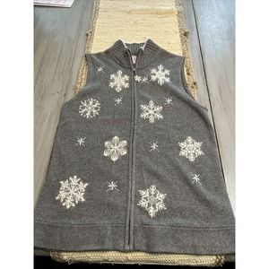 Quacker Factory Gray White Snowflake Sweater Vest Zip Beaded Holiday Knit Sz M